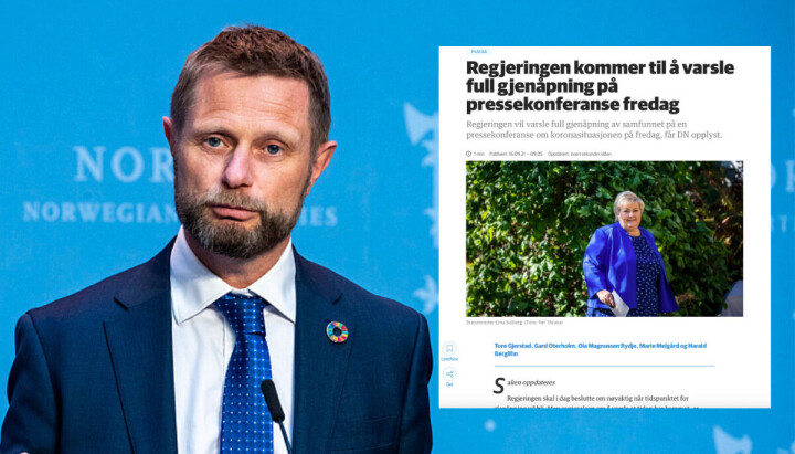Helse og omsorgsdepartementet - her ved statsråd Bent Høie - avviser DNs oppslag (innfelt) torsdag formiddag.