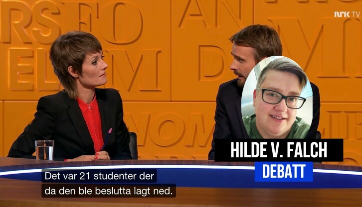 Pernille Sørensen og næringsminister Jan Christian Vestre (Ap) under Nytt på Nytt bruker tall Hilde Falch sier er feil.