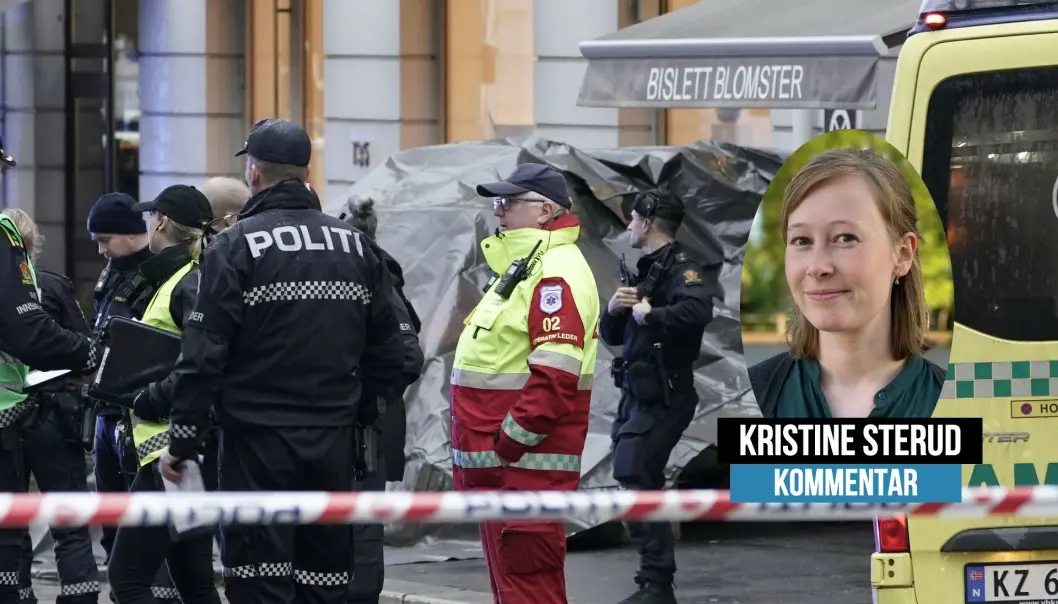 Nødetatene på stedet. Under presseningen i bakgrunnen står politibilen som var involvert i hendelsen. Nødetatene på stedet. Under presseningen i bakgrunnen står politibilen som var involvert i hendelsen.