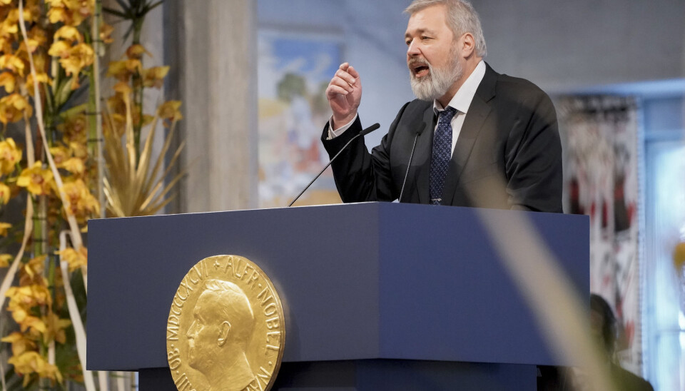 Oslo 20211210. Fredsprisvinner Dmitrij Muratov holder tale under utdelingen av Nobels fredspris i Oslo rådhus. Oslo 20211210. Fredsprisvinner Dmitrij Muratov holder tale under utdelingen av Nobels fredspris i Oslo rådhus.