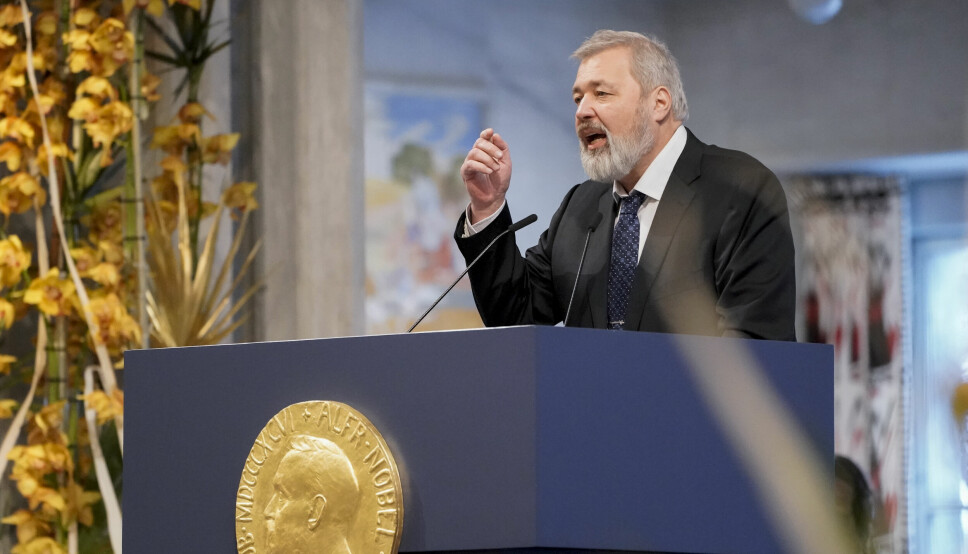 Oslo 20211210. Fredsprisvinner Dmitrij Muratov holder tale under utdelingen av Nobels fredspris i Oslo rådhus.