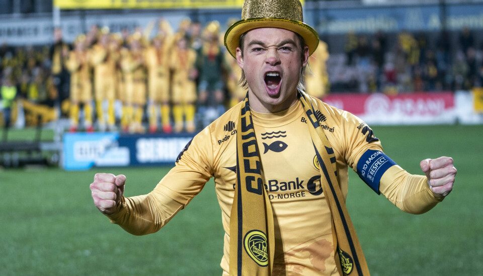 Bodø/Glimts Patrick Berg jubler etter eliteseriekampen i fotball mellom Mjøndalen og Bodø/Glimt på Consto Arena.