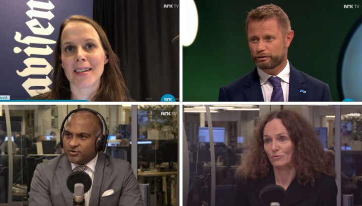 Siv Sandvik (øverst fra venstre), Bent Høie, Lars Nehru Sand og Camilla Stoltenberg var alle blant de mest brukte gjestene på Dagsnytt 18 i fjor.
