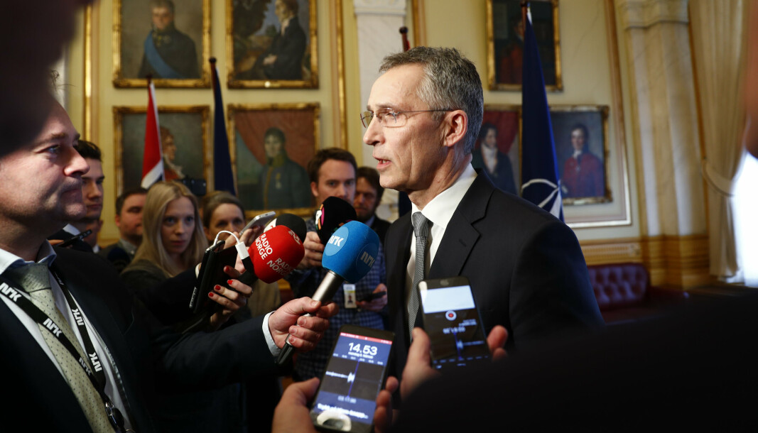 Natos generalsekretær Jens Stoltenberg avbildet under et møte med pressen da han besøkte Stortinget i 2018. Natos generalsekretær Jens Stoltenberg avbildet under et møte med pressen da han besøkte Stortinget i 2018.