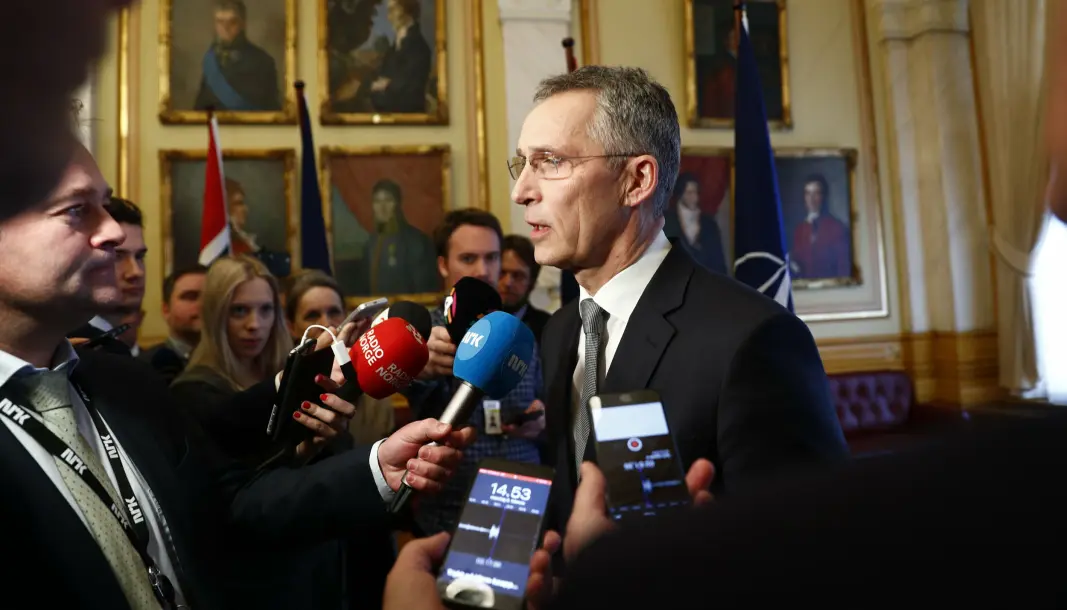 Natos generalsekretær Jens Stoltenberg avbildet under et møte med pressen da han besøkte Stortinget i 2018. Natos generalsekretær Jens Stoltenberg avbildet under et møte med pressen da han besøkte Stortinget i 2018.