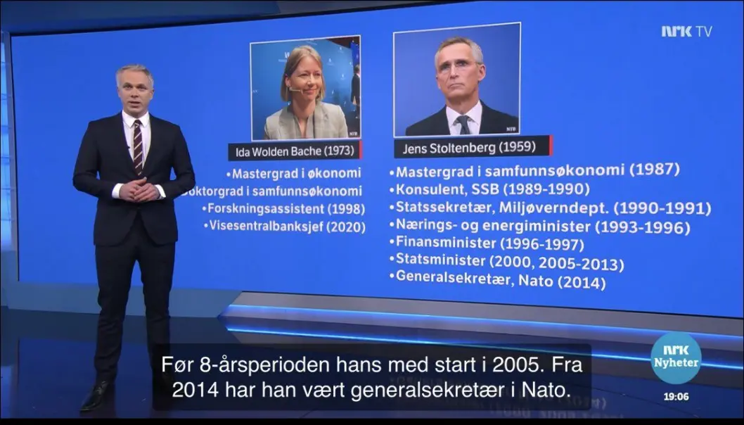 Petter Oulie-Hauge presenterte tirsdag de to kandidatene i Dagsrevyen. Mange reagerer på den skjeve fremstillingen i kandidatenes CV. Petter Oulie-Hauge presenterte tirsdag de to kandidatene i Dagsrevyen. Mange reagerer på den skjeve fremstillingen i kandidatenes CV.