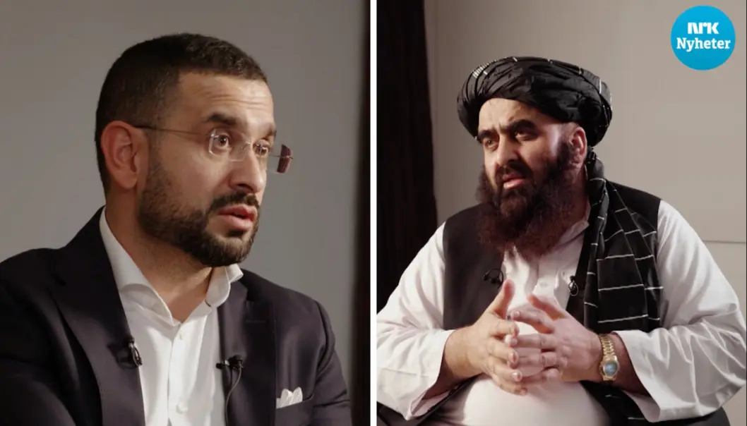 NRK-journalist Yama Wolasman (til venstre) konfronterte Taliban-minister Amir Khan Muttaqi med drapet. NRK-journalist Yama Wolasman (til venstre) konfronterte Taliban-minister Amir Khan Muttaqi med drapet.