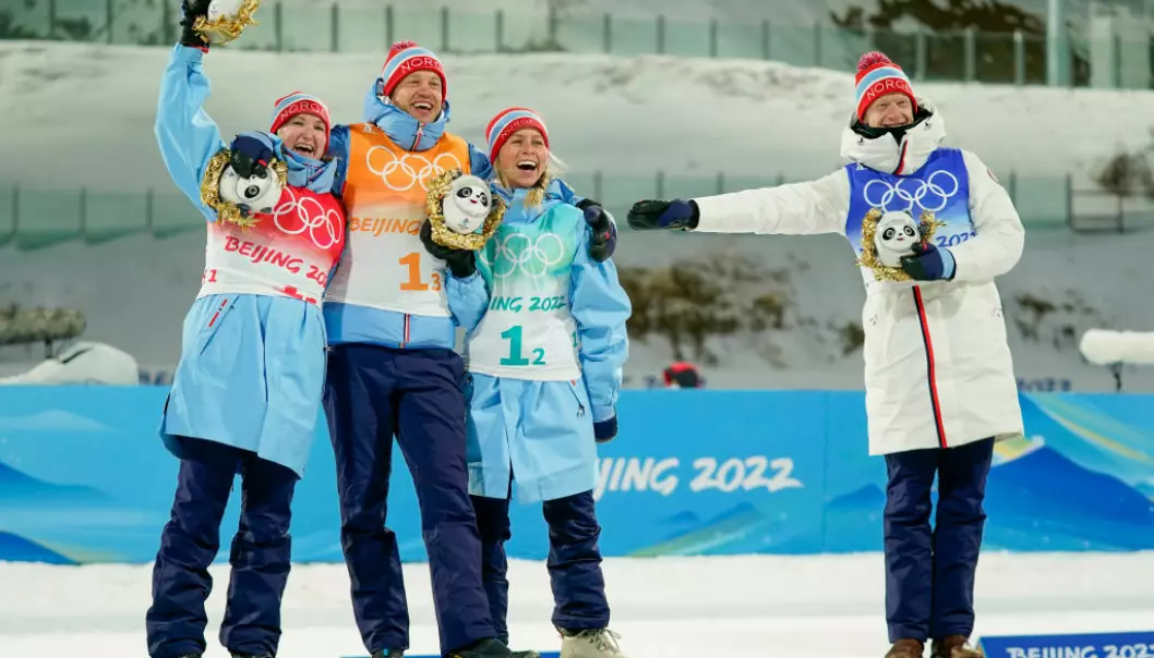 BEIJING, CHINA - FEBRUARY 5 : Norway Team wins the gold medal during the Olympic Games 2022, Biathlon Mixte Relay on February 5, 2022 in Zhangjiakou China. (Photo by Michel Cottin/Agence Zoom/Getty Images)