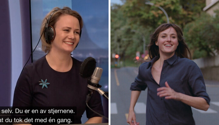 Sigrid Sollund i studio under Dagsnytt 18 innslaget om Verdens verste menneskets Oscar-nominasjon. Renate Reinsve i filmen til venstre.