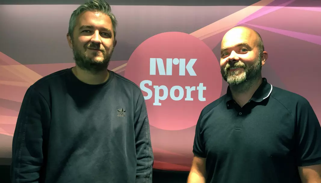 Aleksander Schau (til venstre) blir ikke å se på NRKs flater under fotball-VM. Her avbildet med sin vante samarbeidspartner Thomas Aune.
