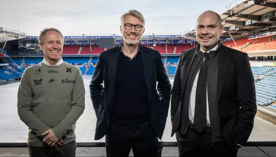 Fra venstre: Pål Bjerketvedt, generalsekretær i Norges Fotballforbund, Olav T. Sandnes, sjefredaktør og administrerende direktør i TV 2 og Anders Møller Opdahl, konsernsjef i Amedia.