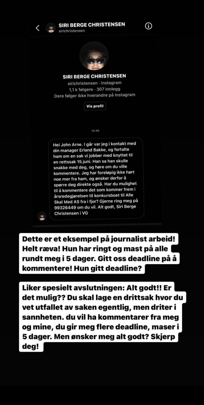 Dette skriver John Arne Riise på Instagram fredag.