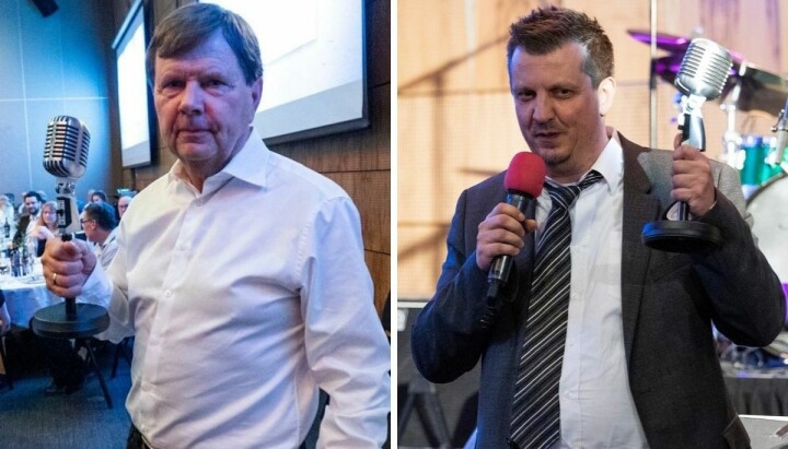 Svein Larsen og Pål Lomeland fikk Lokalradioforbundets hederspriser denne helgen.