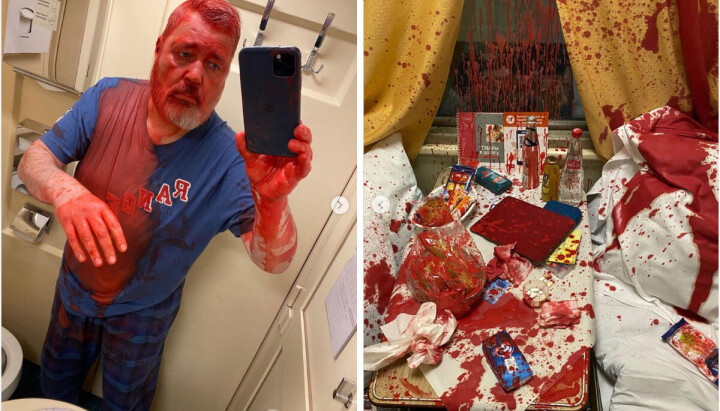 Bilder som viser fredsprisvinner Dimitry Muratov angrepet av rød oljemaling fra Instagram-kontoen novayagazeta. Bilder som viser fredsprisvinner Dimitry Muratov angrepet av rød oljemaling fra Instagram-kontoen novayagazeta.
