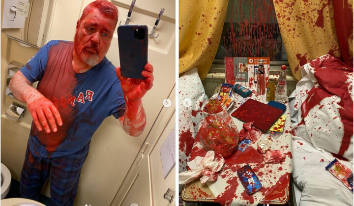 Bilder som viser fredsprisvinner Dimitry Muratov angrepet av rød oljemaling fra Instagram-kontoen novayagazeta.