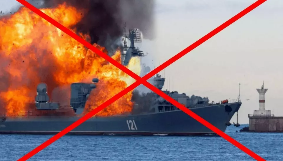 Bildet av det brennende krigsskipet Moskva er ikke ekte.