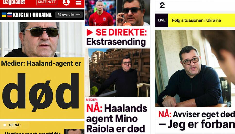 Skjermdumper fra Dagbladet og TV 2 som begge var raske ute med å melde at Mino Raiola var død