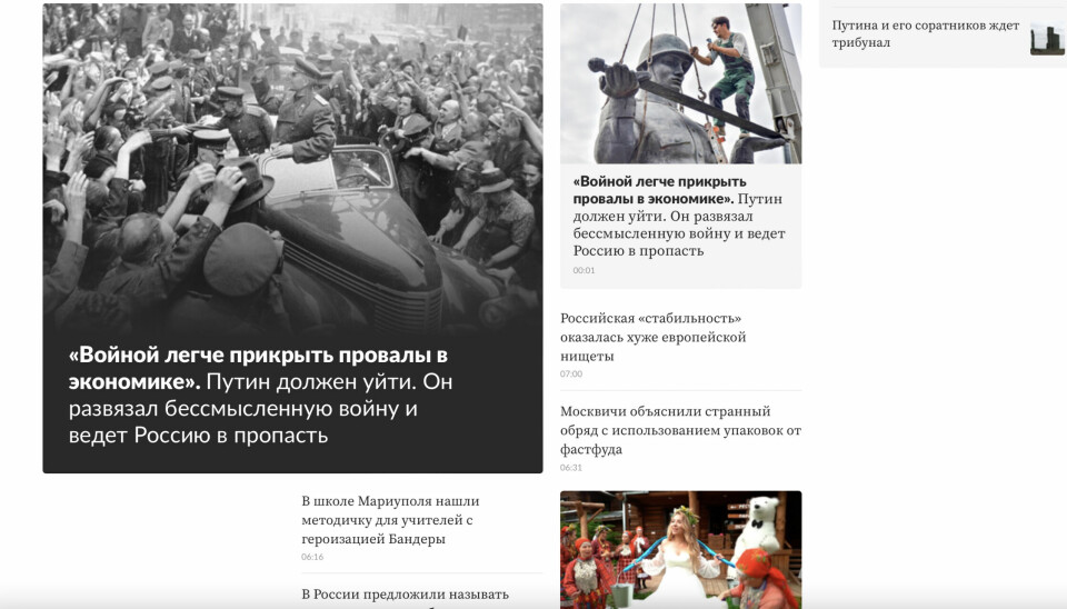 Forsiden med de kritiske sakene mot Putin-regimet gjennom Wayback Machine.
