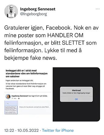 Dette la Ingeborg Senneset ut etter at innlegget hennes ble slettet. Dette la Ingeborg Senneset ut etter at innlegget hennes ble slettet.