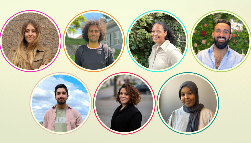 Fra venstre over: Aida Zulic, Philip Jason Omollo, Zahra Katrine Arnesen, Usman Ali, Laik Hanbaly, Yasmin Mouafak Abokatmah og Ayaan Aden er årets kull av FleRe-stipendiater.