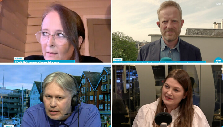 Dette er fire av gjestene som har vært oftest på Dagsnytt 18 i løpet av første halvår 2022: DN-kommentator Eva Grinde (øverst fra venstre), NRK-korrespondent Simen Ekern, Nordlys-redaktør Skjalg Fjellheim og Ap-politiker Cecilie Myrseth.