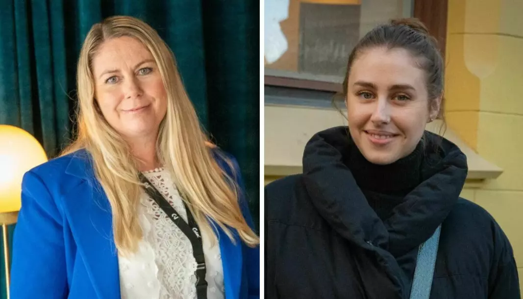 Leder i Medienettverket, Jannicke Kjeilen Dyrøy (til venstre), og leder i NJ Student, Veronika Paula Elwart, er enige i at kjønnsfordelingen ved journalistikk-utdanningene i Norge burde vært annerledes.