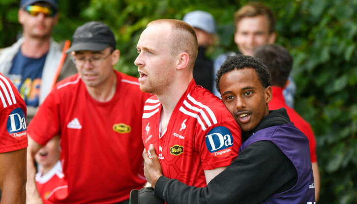 Bendik Rise (til venstre) feirer scoringen sin som sørget for at Skeid slo byrival Grorud 3-2 på Nordre Åsen i juli.