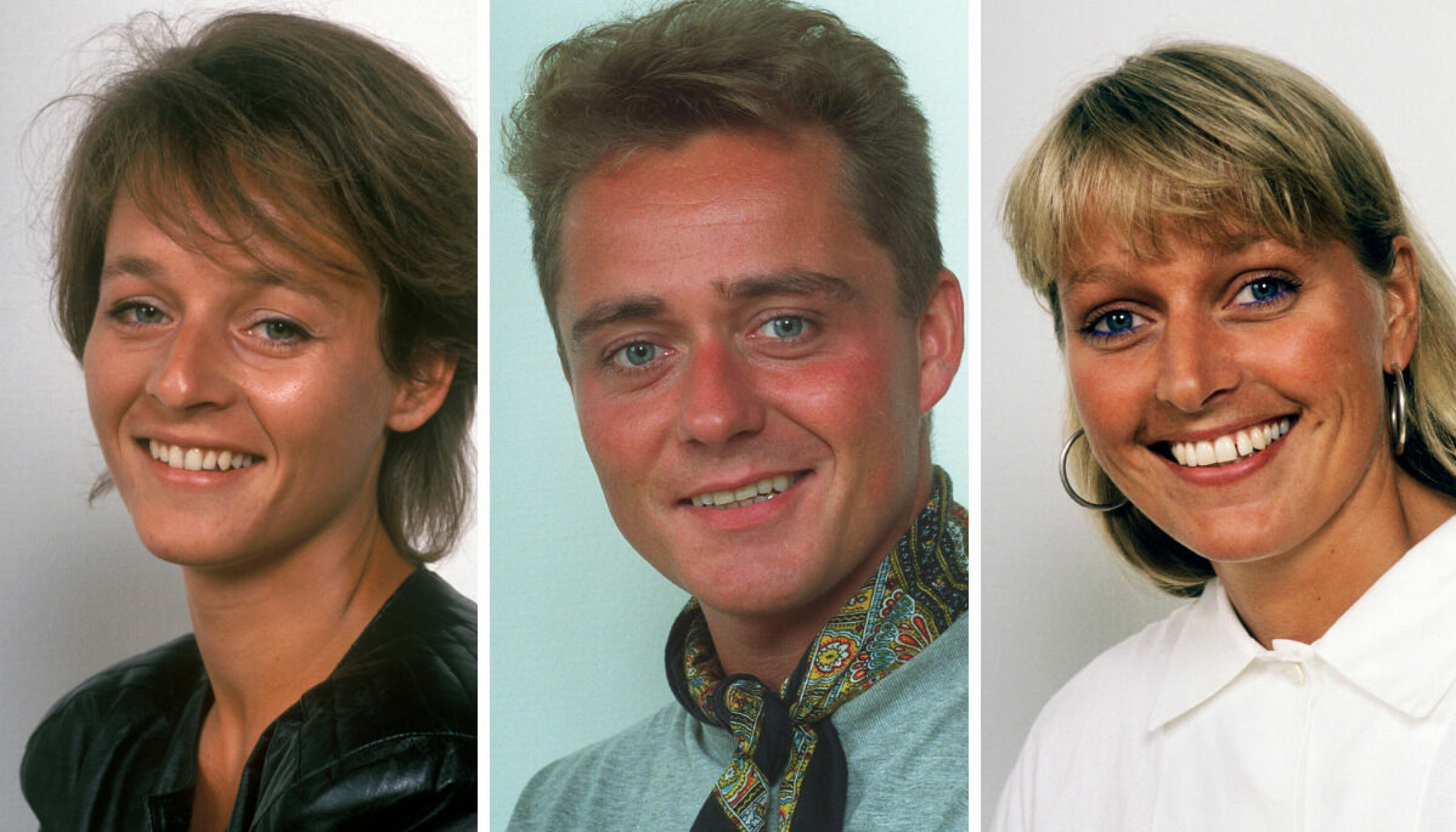 Portrettbilder av TV 2-profilene, Kjersti Bergesen, Morten Sandøy og Vår Staude i 1992.