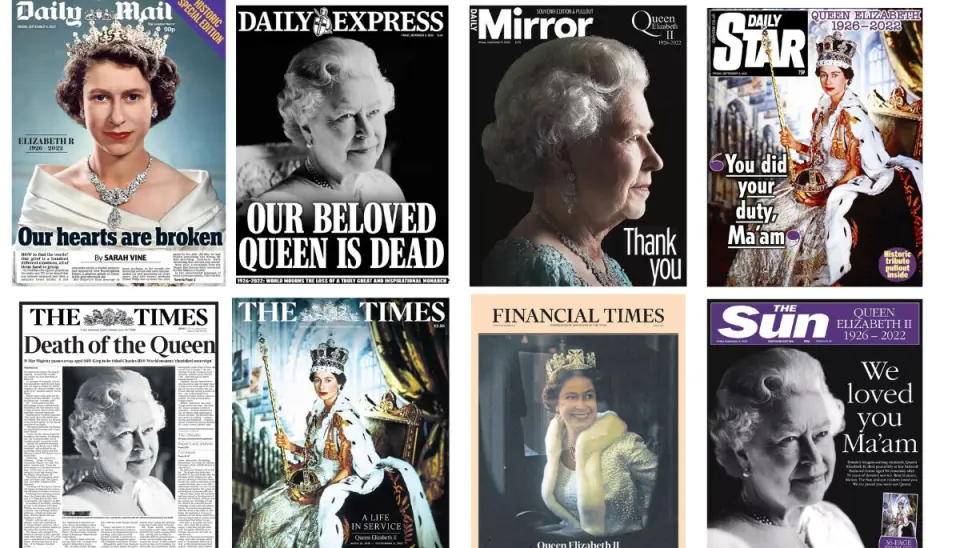Dronning Elizabeths død preger forsidene på britiske aviser fredag. Dronning Elizabeths død preger forsidene på britiske aviser fredag.