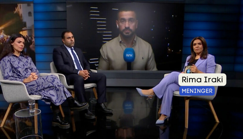 Skuespiller Nasrin Khusrawi og stortingspresident Masud Gharahkhani var gjester hos Rima Iraki i forrige ukes Urix. Med på linje er NRK-korrespondent Yama Wolasmal.