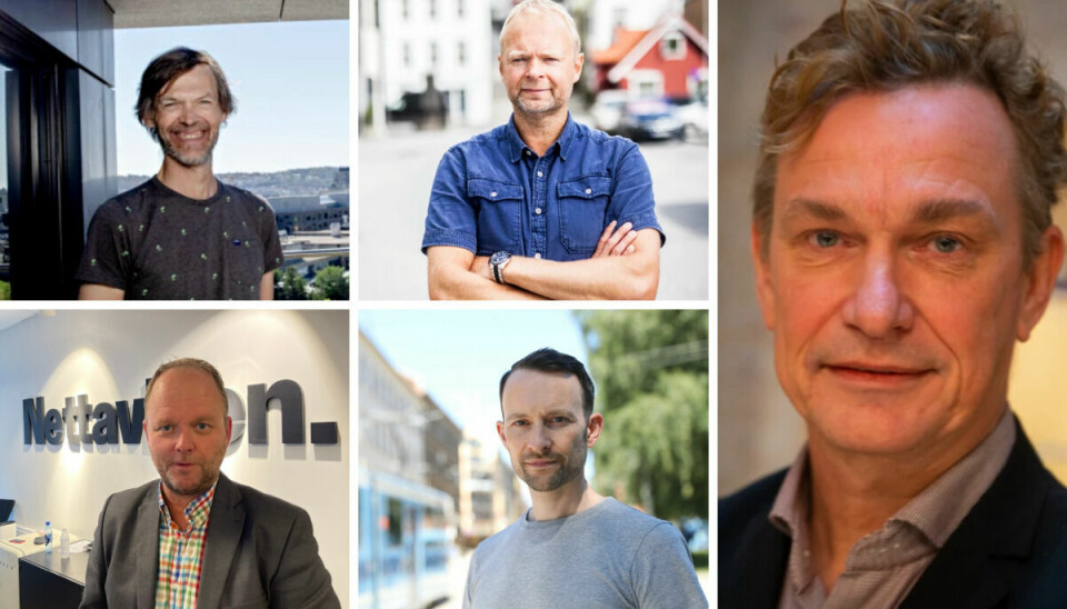 Ingen av disse redaksjonslederne vil følge ABC Nyheters boikott. Øverst fra venstre: John Rasmussen (Dagbladet), Vegard Jansen Hagen (TV 2), Espen Olsen Langfeldt (NRK), Henrik Meidell (Nettavisen) og Frode Buanes (VG).