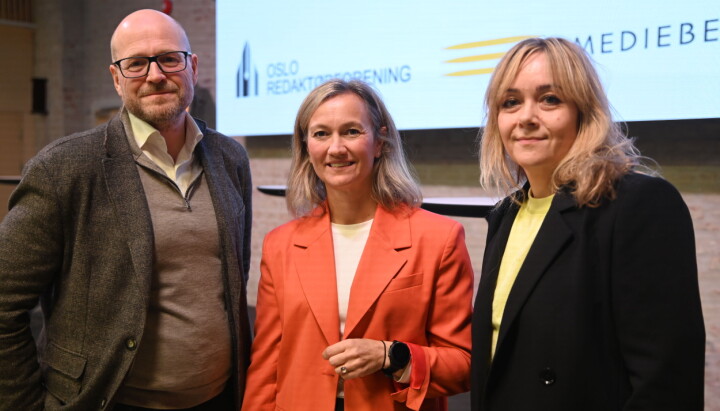 Pål Nedregotten, Amedia, Ingrid Skogrand, Aller Media og Siv Juvik Tveitnes, Schibsted etter debatten på Pressen Hus onsdag.