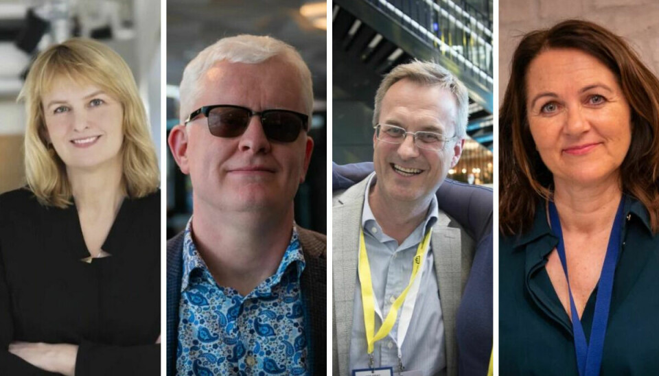 Pressetoppene smiler av SVs forslag til statsbudsjett. Fra venstre: Randi S. Øgrey (MBL), Dag Idar Tryggestad (NJ), Per Brikt Olsen (Fagpressen) og Reidun Kjelling Nybø (NR).