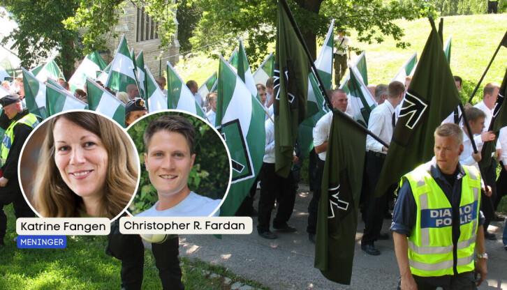 Fangen og Fardan mener det er flere ting mediene må tenke over når de dekker demonstrasjoner fra ekstreme grupper. Bildet er fra en av Den nordiske motstandsbevegelsens demonstrasjoner i Sverige.