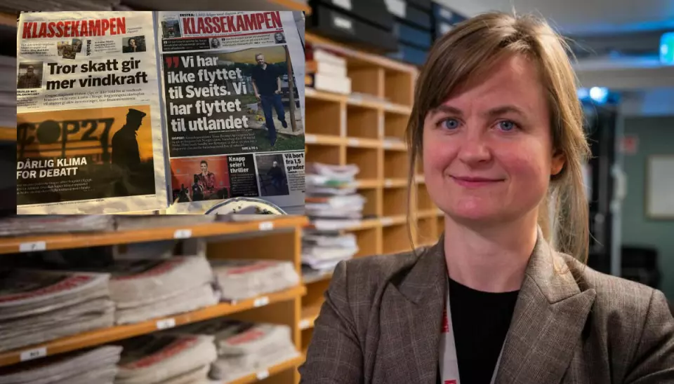 Ansvarlig redaktør i Klassekampen, Mari Skurdal, og to utgaver av Klassekampen (innfelt). Det nye designet er avisen til venstre.