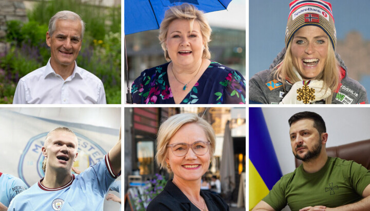 Disse seks ble omtalt mye i norske medier i 2022. Fra venstre: Jonas Gahr Støre, Erna Solberg, Therese Johaug, Erling Braut Haaland, Ingvild Kjerkol og Volodymyr Zelenskyj.