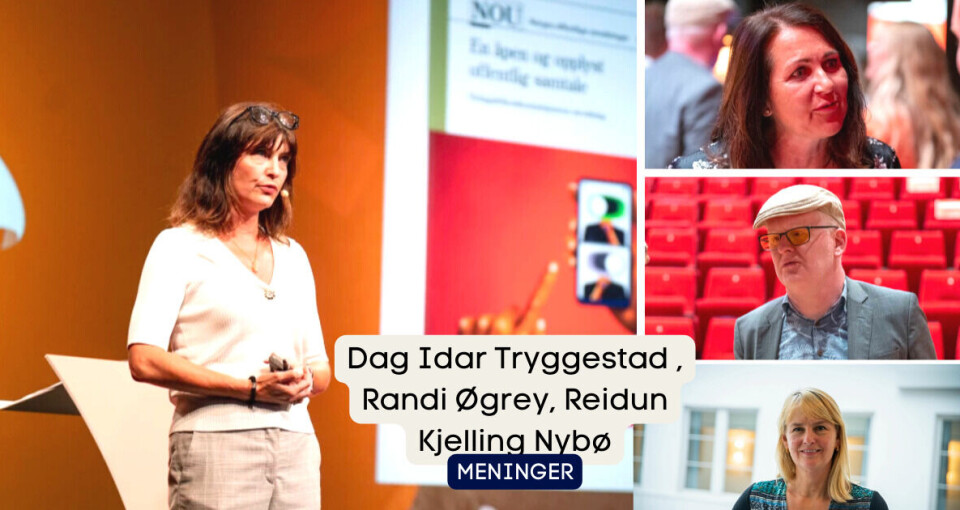 Reidun Kjelling Nybø, Dag Idar Tryggeseid og Randi S. Øgrey skriver om en av de store utfordringene Ytringsfrihetskommisjonen pekte på. Leder for Ykom, Kjersti Løken Stavrum, la fram rapporten. Reidun Kjelling Nybø, Dag Idar Tryggeseid og Randi S. Øgrey skriver om en av de store utfordringene Ytringsfrihetskommisjonen pekte på. Leder for Ykom, Kjersti Løken Stavrum, la fram rapporten.
