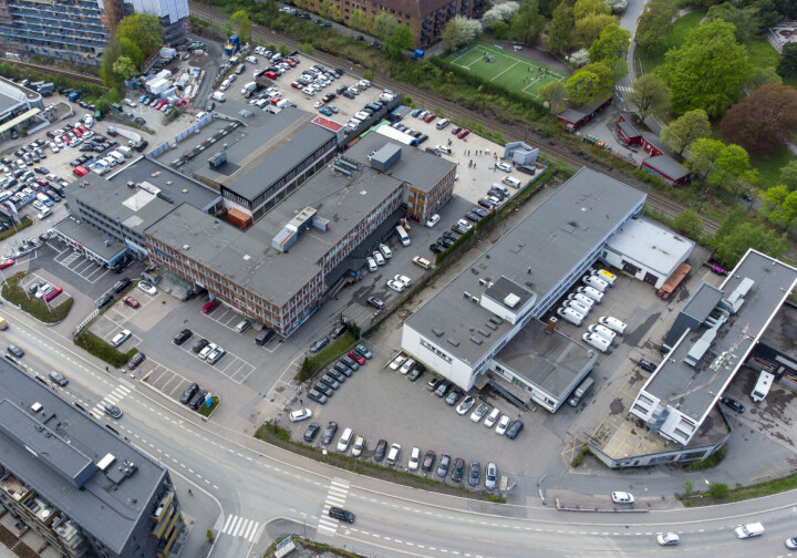 Luftfoto av eiendommene til NRKs nye hovedkvarter, Ensjøveien 3, 5 og 7.