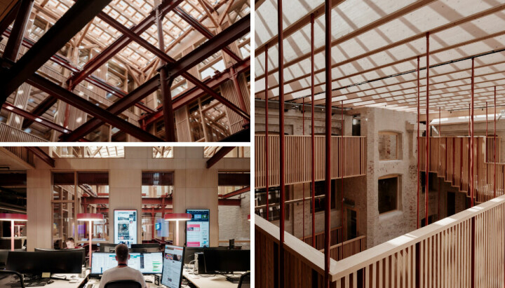 Bilde-collage fra Pressens hus i anledning at de nå mottar DOGA-merket for design og arkitektur.