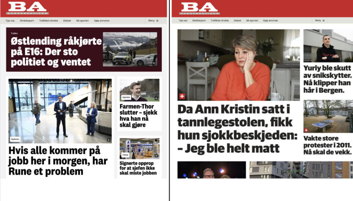 BAs nye front til venstre, og den gamle til høyre. Bilde av Bergensavisens nye design, ved siden av det forrige.