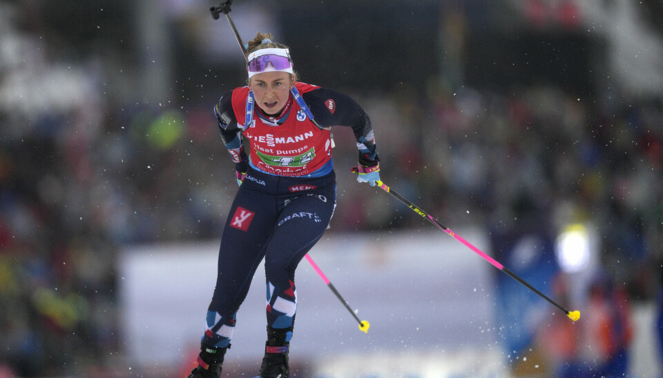 På bildet er Ingrid Landmark Tandrevold under 4×6 km stafett for kvinner i VM i skiskyting 2023 i Oberhof, Tyskland.