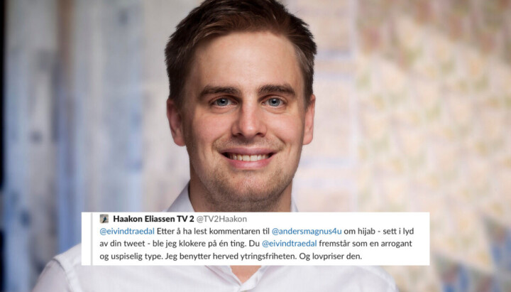 Eivind Trædal (bildet) ble omtalt som «arrogant og uspiselig» av TV 2-reporter Haakon Eliassen på Twitter (innfelt). Eivind Trædal (bildet) ble omtalt som «arrogant og uspiselig» av TV 2-reporter Haakon Eliassen på Twitter (innfelt).