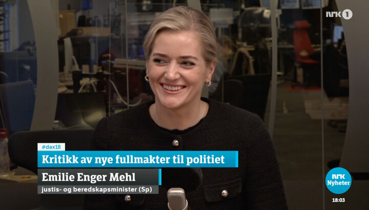 Justisminister Emilie Enger Mehl (Sp) møtte torsdag kveld i Dagsnytt 18. Justisminister Emilie Enger Mehl (Sp) møtte torsdag kveld i Dagsnytt 18.