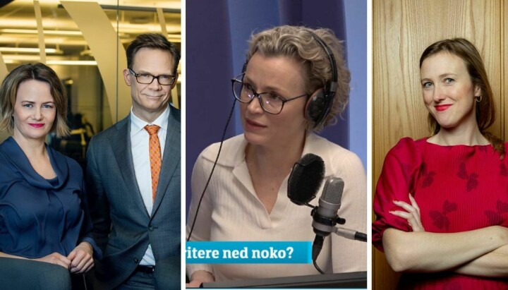Nyhetspodkastene til NRK fjernes fra tredjepartsplattformer. Her er Sigrid Sollund og Espen Aas, programledere for Dagsnytt 18, Ingunn Solheim, programleder her i Politisk kvarter og Gry Veiby, programleder i Oppdatert