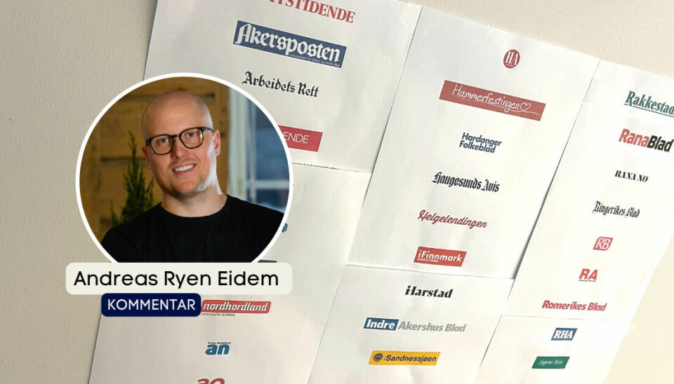 – Hvorfor er ikke flere medier opptatt av å bygge merkevare?, spør Andreas Ryen Eidem. I bakgrunnen tilfeldige logoer fra aviser i Amedia.
