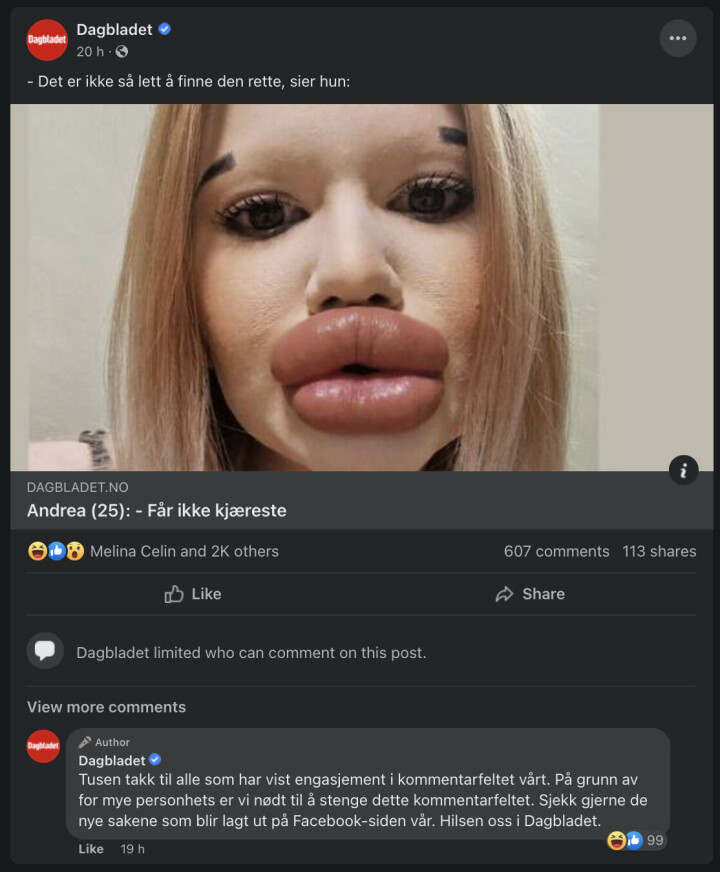 Dagbladet stengte kommentarfeltet etter kort tid.
