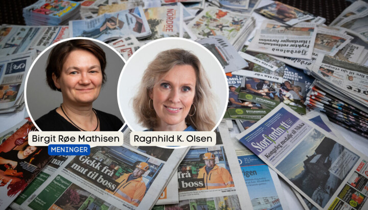 – Våre funn viser konturene av en begynnende hjerneflukt fra lokaljournalistikken, skriver Birgit Røe Mathisen og Ragnhild Kristine Olsen – Våre funn viser konturene av en begynnende hjerneflukt fra lokaljournalistikken, skriver Birgit Røe Mathisen og Ragnhild Kristine Olsen. På bordet ligger et utvalg lokalaviser.