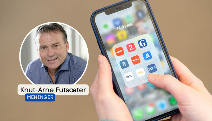 – 22 % av medietiden vår går til nettsteder, og det aller meste av denne tiden brukes på norske redaksjonelle medier, skriver Knut-Arne Futsæter – 22 % av medietiden vår går til nettsteder, og det aller meste av denne tiden brukes på norske redaksjonelle medier, skriver Knut-Arne Futsæter. Illustrasjon av mobil med nyhets-apper.