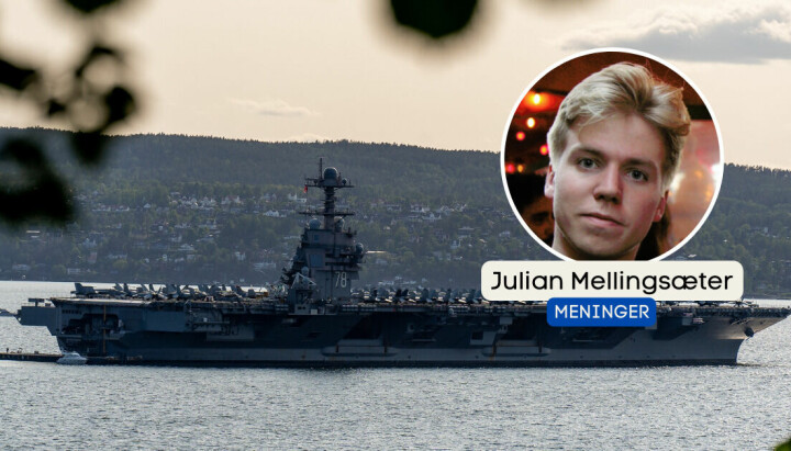 På bildet er Julian Mellingsæter (innfelt) og det amerikanske krigsskipet USS «Gerald R. Ford».