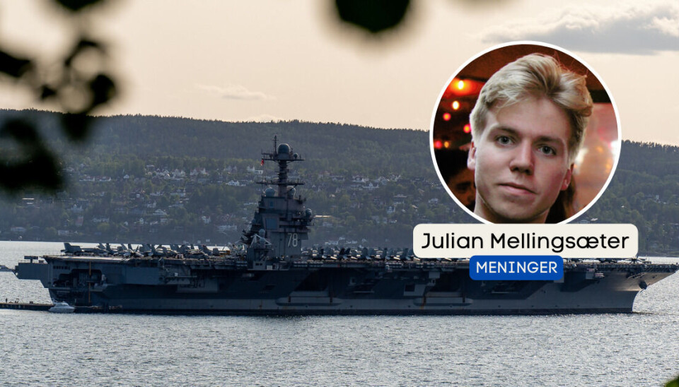 Julian Mellingsæter kritiserer den norske pressedekningen av gigantskipets Oslo-tokt. På bildet er Julian Mellingsæter (innfelt) og det amerikanske krigsskipet USS «Gerald R. Ford».